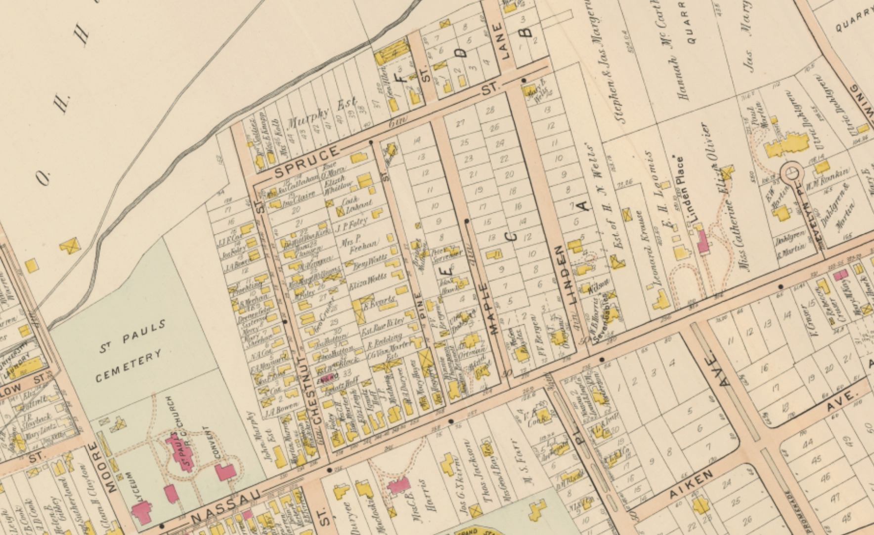The Tree Streets in the Lathrop atlas of 1905, every lot recorded with its owner's name